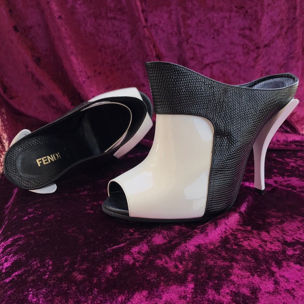 Black and white Fendi mules